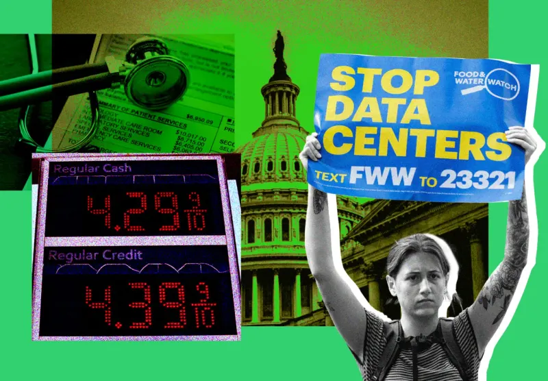 A ballot box shaped like a wallet balances coins and a fuel gauge, symbolizing election effects on household costs.