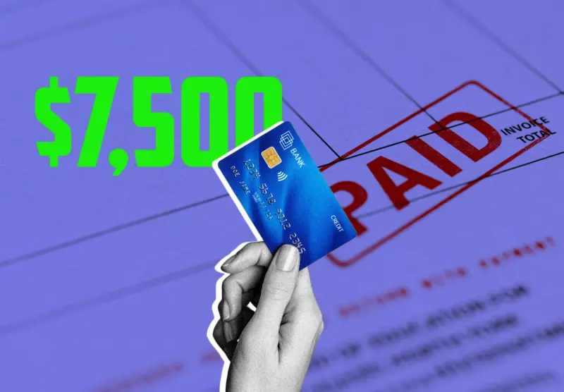 A cracked credit card becomes a staircase rising from a red pit, symbolizing escape from debt.