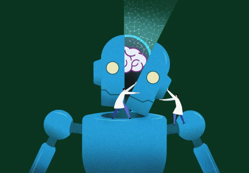 A mechanical brain mirrors a glowing human heart, symbolizing questions about AI feelings and consciousness.