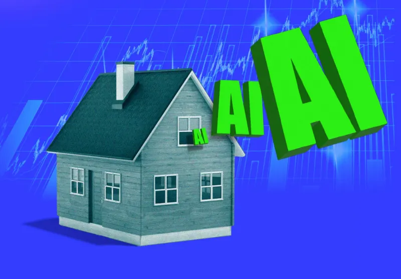 A circuit-patterned bull outweighs a house on a seesaw as a tightening spring signals higher money costs.