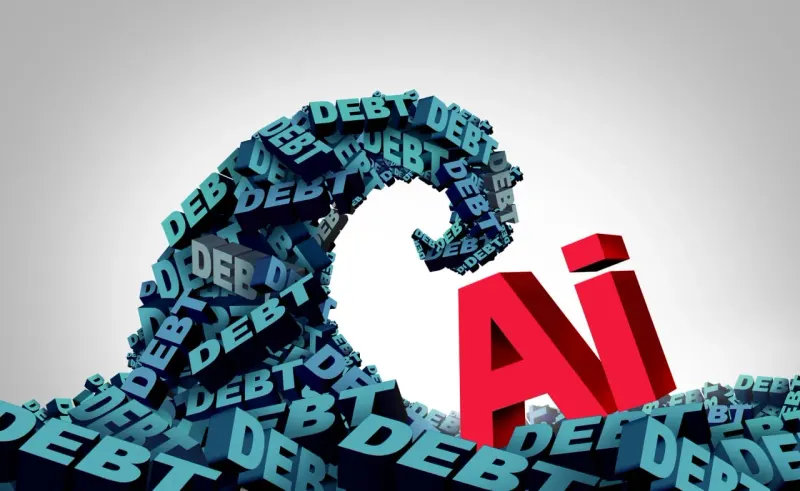 A robotic blade cuts a paycheck lifeline supporting a house balanced above a pit of debt.