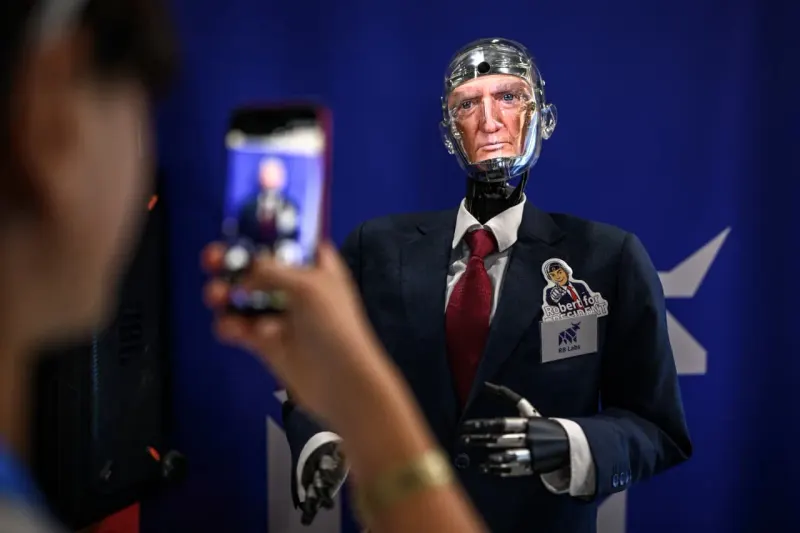 A glowing neural circuit outweighs a political megaphone, symbolizing AI’s greater economic influence.
