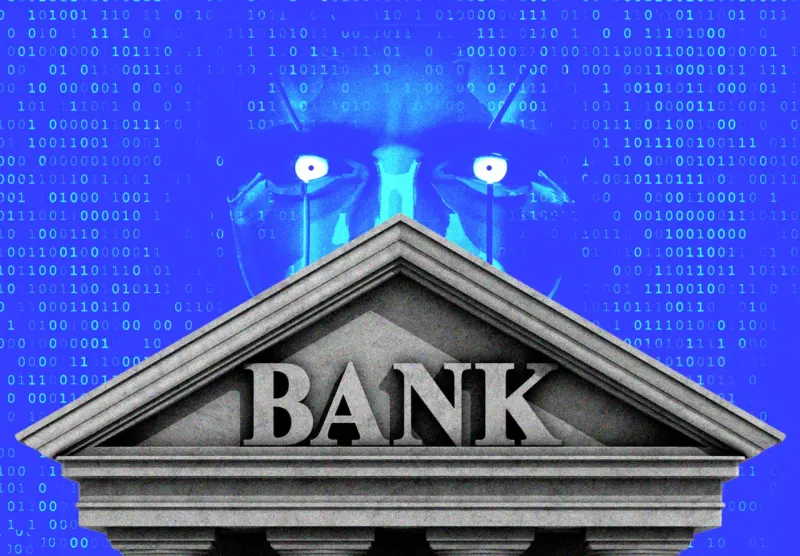 A coin-built bank vault split by a circuit-shaped crack symbolizes AI fears reaching profitable banks.