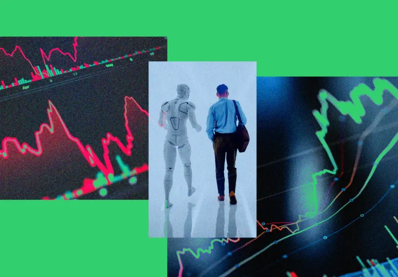 A glowing AI wave approaches a portfolio-shaped seawall, representing gains protected from a possible slowdown.