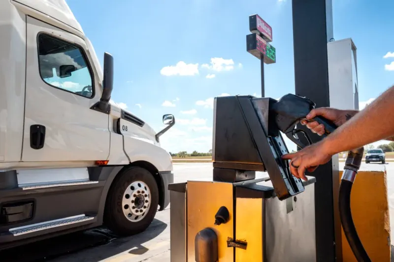 A fuel nozzle becomes a lever forcing an interest-rate gauge upward, linking fuel prices to Fed tightening.