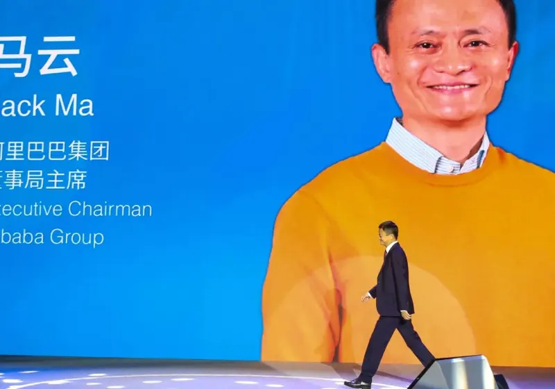 A red scale balances a flood of blank shares against gold coins, symbolizing Alibaba's offering and shareholder buying.