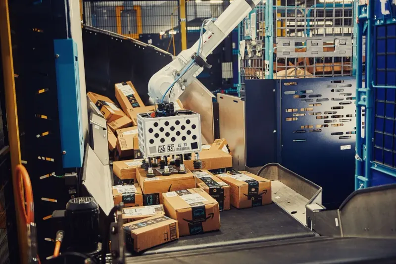 A warehouse parcel outweighs a cloud on a scale, symbolizing how Amazon’s AI returns may be judged.