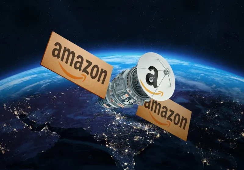 Two linked moons lever up an orbital crown, symbolizing Amazon and AT&T challenging SpaceX.