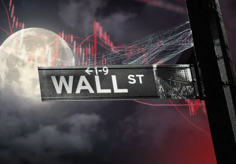 A cracked microchip tips a balance downward while a basket representing other market sectors rises.
