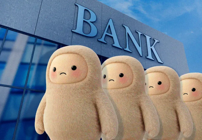 A small robot pulls a plug from a bank-shaped reservoir as coins rush out, symbolizing an AI-triggered bank run.