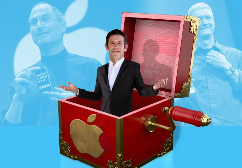 A mechanical apple releases a bright spark, symbolizing pressure for Apple to revive surprise through AI innovation.