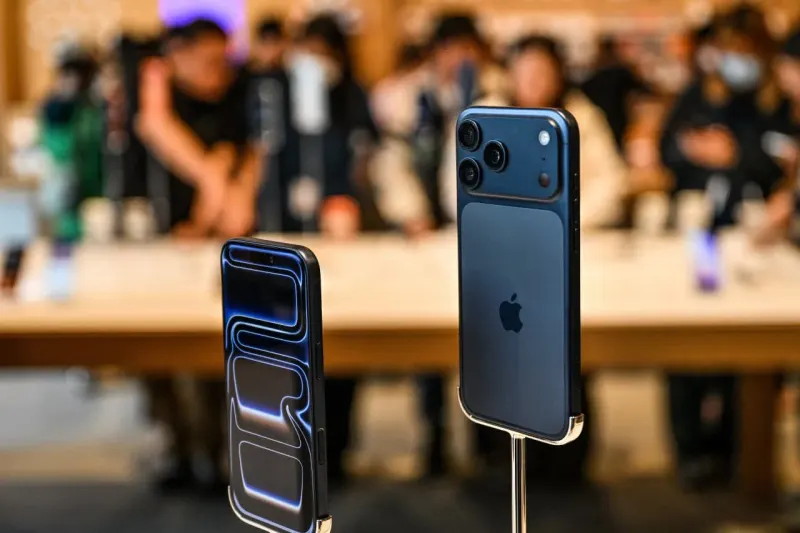 A silver smartphone with a green neural-network wing rises from a dark cloud, symbolizing AI-driven upside.