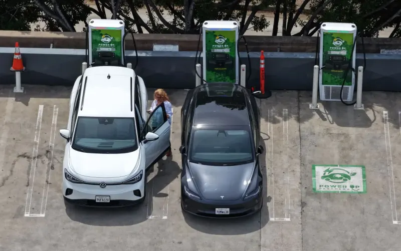 A branching charging plug sapling stands beside a much larger plug-shaped tree, symbolizing the gap with Tesla.