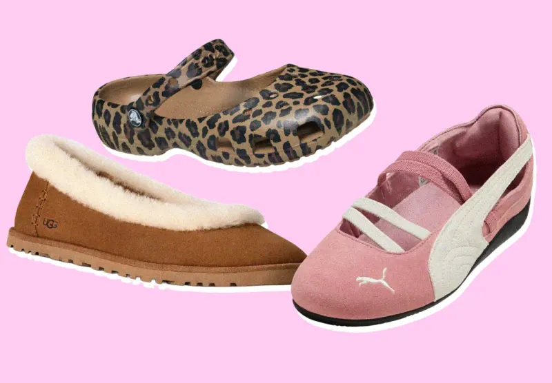 A ballet slipper transforms into a comfort clog atop a rising ribbon, symbolizing the trend's mainstream expansion.