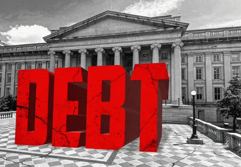 A tiny rug and broom fail to conceal a mountain of debt papers, symbolizing Treasury’s ineffective intervention.