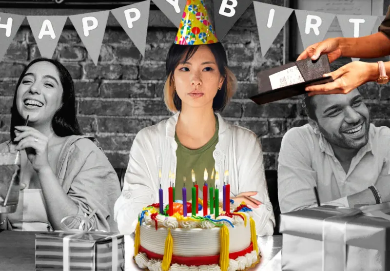 A birthday cake balances an uneven scale weighted by restaurant checks, symbolizing unequal dinner costs.