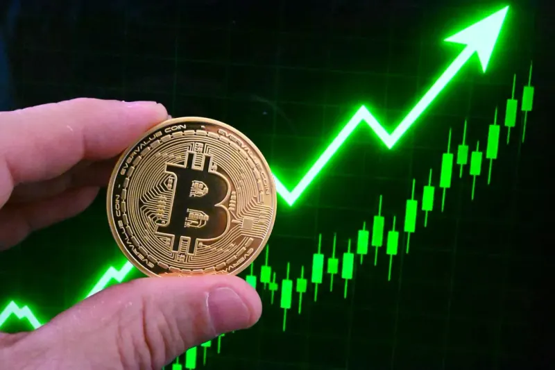 A digital coin springs above gold and stock blocks toward a high ceiling, reflecting Bitcoin's rise near $80,000.