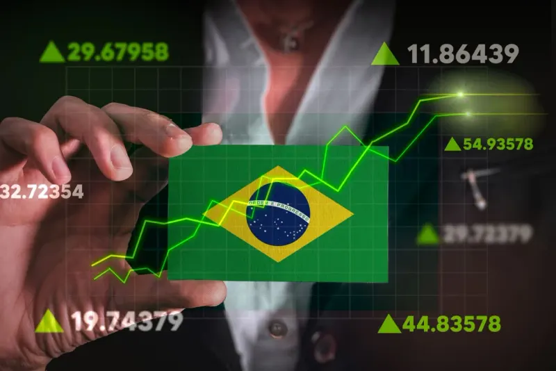 A ballot box spring launches a bull upward as a bear falls, symbolizing election-driven upside for Brazilian stocks.