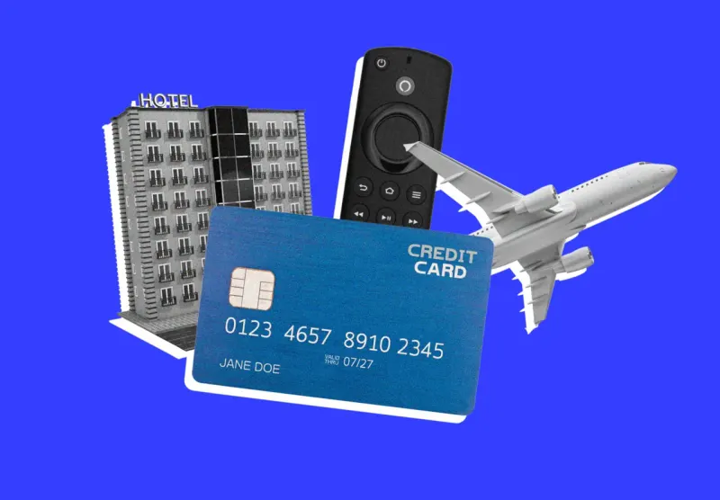 A credit card shaped like an airplane wing balances annual fees against travel rewards on a scale.