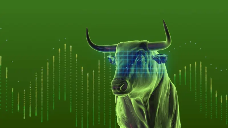 A weathered bronze bull climbs tree-ring steps, symbolizing a bull market continuing despite its age.