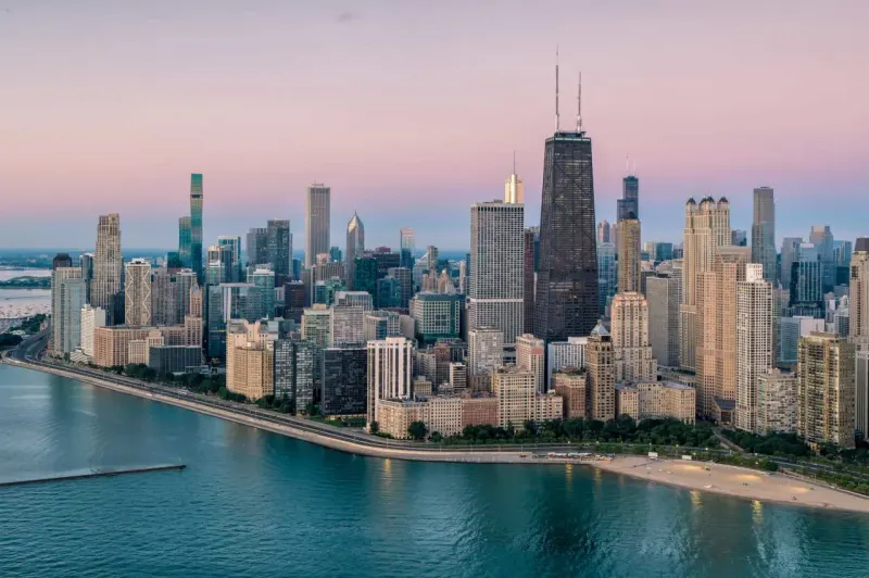 A Chicago-inspired house column rises above shorter homes, symbolizing its leading annual price gain.