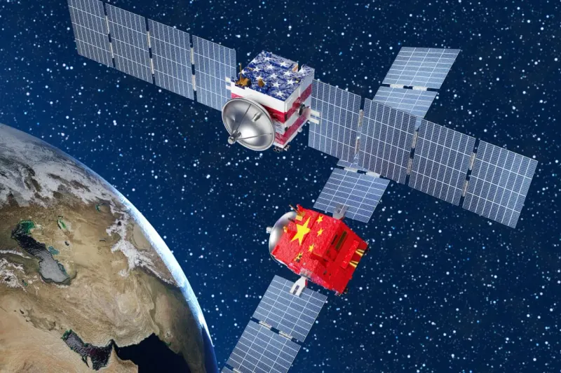 A red orbital streak closes on a silver streak around Earth, symbolizing China’s pursuit of SpaceX.