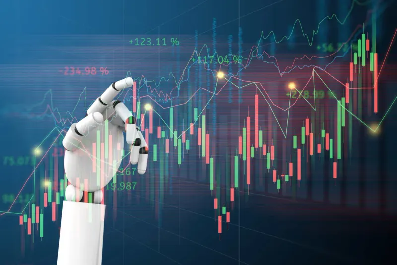 A stock-market bull balances on a glowing neural-network thread that is slackening beneath its weight.