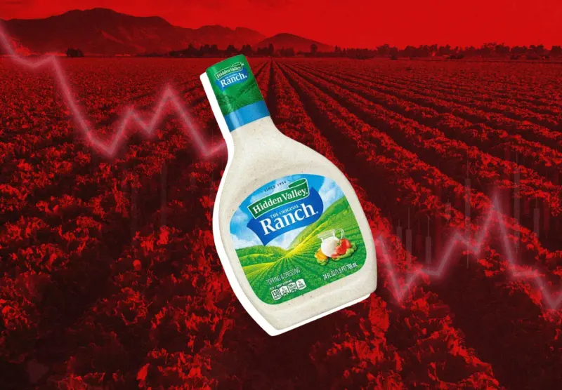 An unbranded dressing bottle falls through a salad-leaf trapdoor, symbolizing outbreak-related sales pressure.
