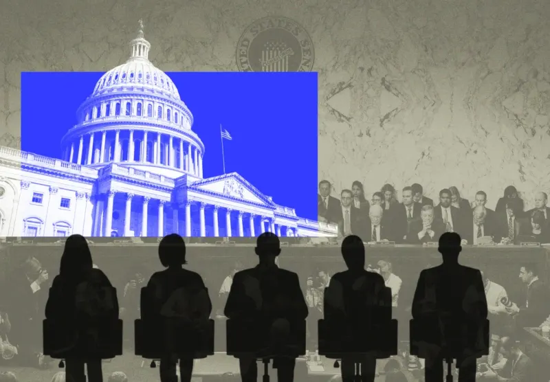 A Capitol-shaped magnifying glass focuses on corporate chess pieces, symbolizing possible congressional scrutiny.