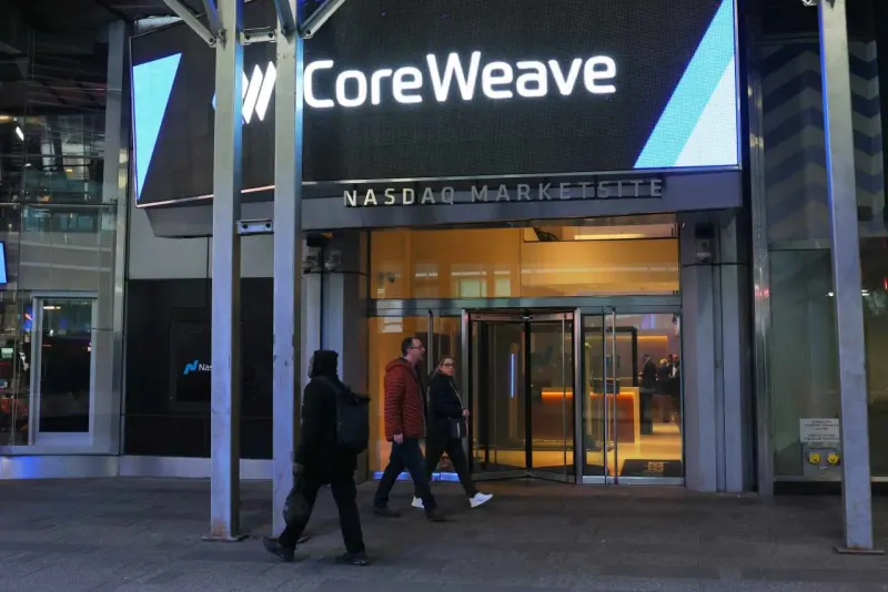 A cracked shield strains under coins above sinking stock and bond papers, symbolizing costlier CoreWeave default protection.