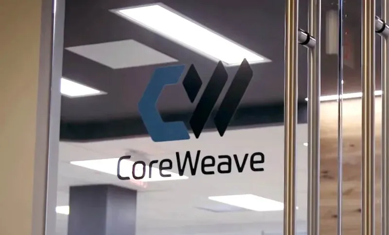A compressed spring under two iron weights suggests CoreWeave could rebound despite debt and equity pressure.
