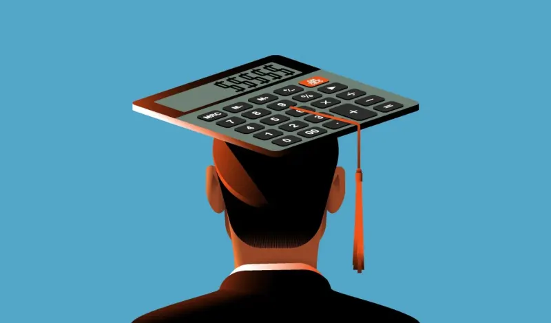 A giant mortarboard balances on three small financial symbols representing efforts to contain college costs.
