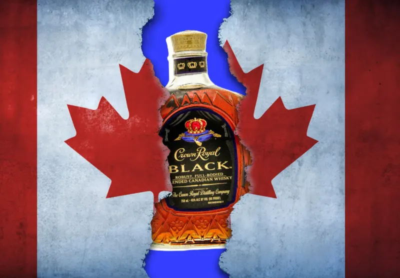 An amber whisky bottle unlocks a border barrier, symbolizing Crown Royal’s expected reprieve from Trump’s ban.