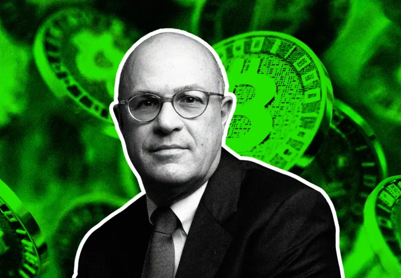 An empty wallet balances a volatile digital coin against a stable token, reflecting Giancarlo’s crypto views.