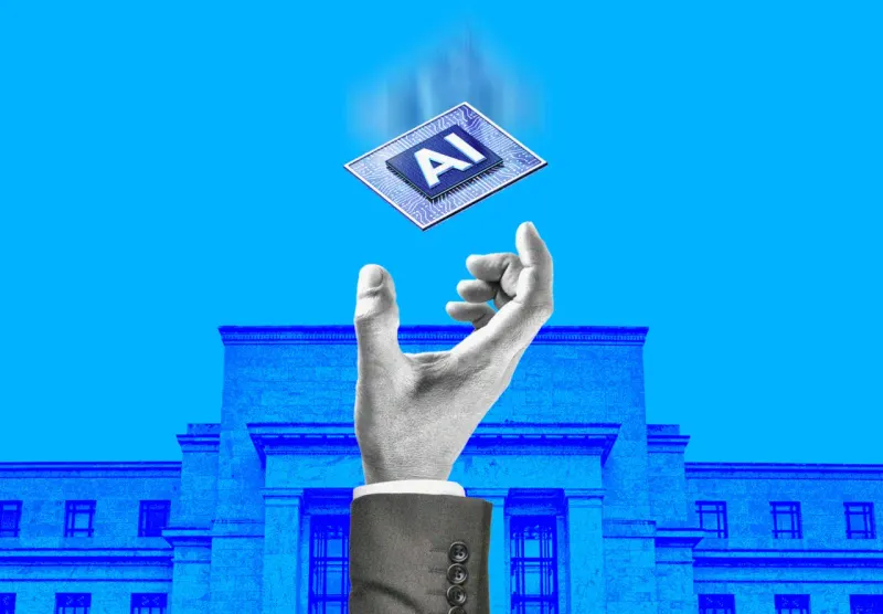A giant microchip citadel balances on cracked debt blocks above a central bank safety net.