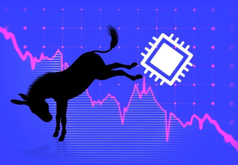 A blue electoral wave approaches a fragile tower of silicon chips, symbolizing election risk to AI stocks.