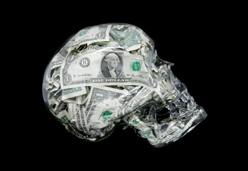 A currency paper house sits beneath crossing black blades, symbolizing market control amid a dollar death cross.