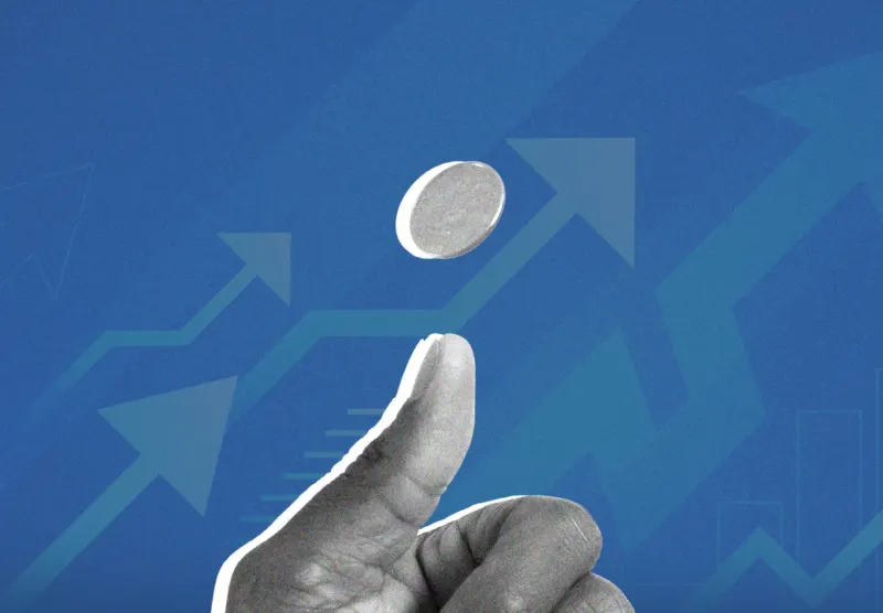 Three rising steps lead to a fourth balanced on a coin, symbolizing the Dow’s uncertain extension of its gain streak.