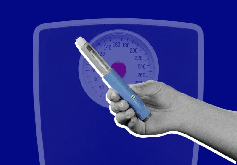 A balance scale weighs a shrinking mass against red thorns, symbolizing greater weight loss and more side effects.