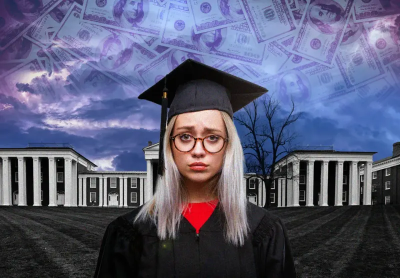A graduation cap is squeezed through a narrow funnel toward coins, symbolizing the shift to private student loans.