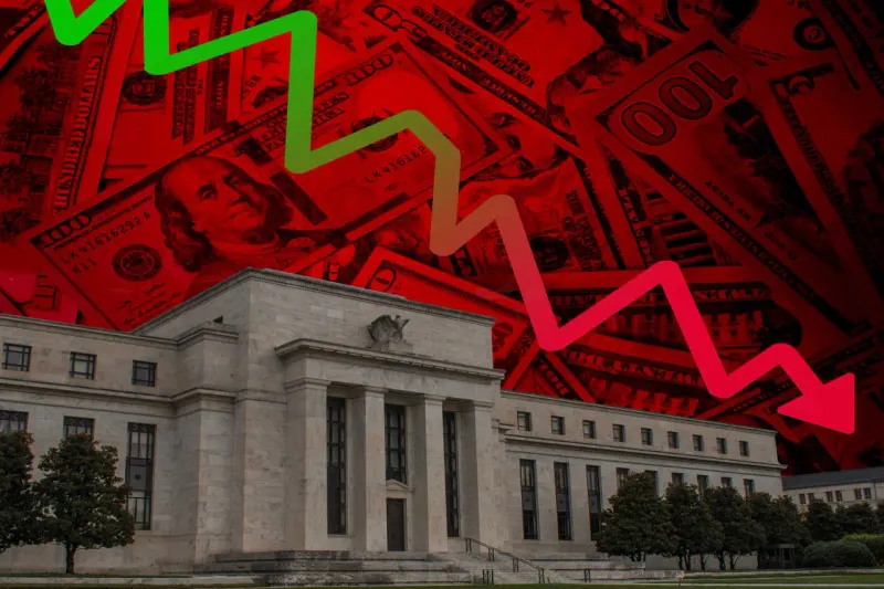 A rising rate lever weighs down banks while destabilizing a globe representing the broader stock market.