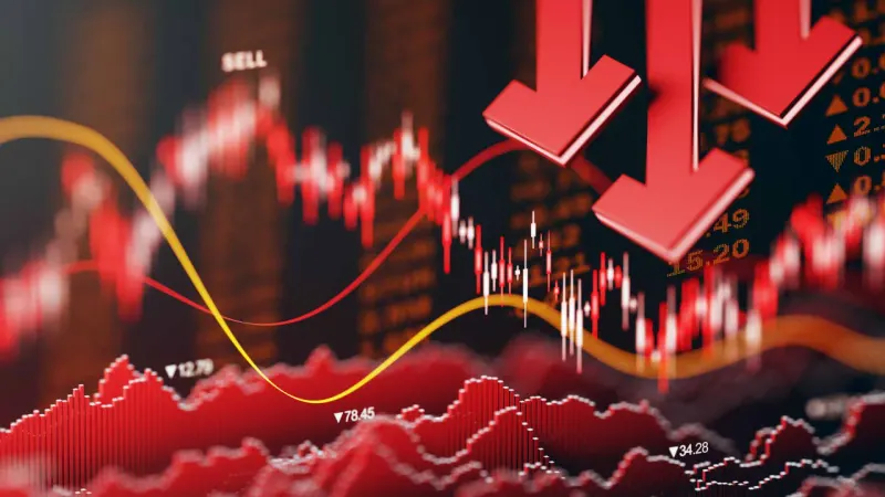 Bank columns tilt as a cracked support beam gives way, symbolizing weakening financial stocks.