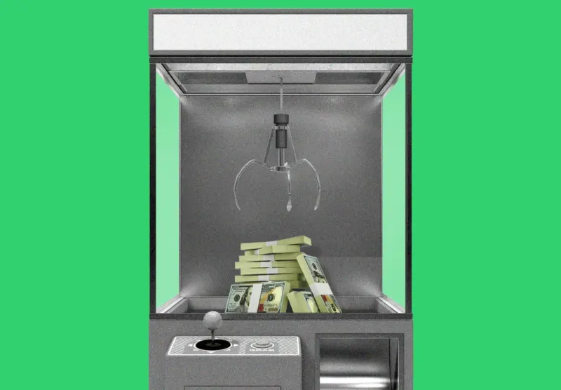 A cracked piggy bank wears a shopping-bag life jacket, symbolizing fintech responses to financial anxiety.
