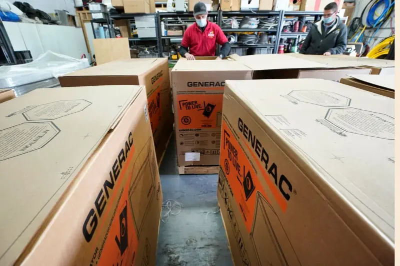 A generator cog connects with a glowing cloud as a green power pulse rises, symbolizing Generac’s Amazon deal.