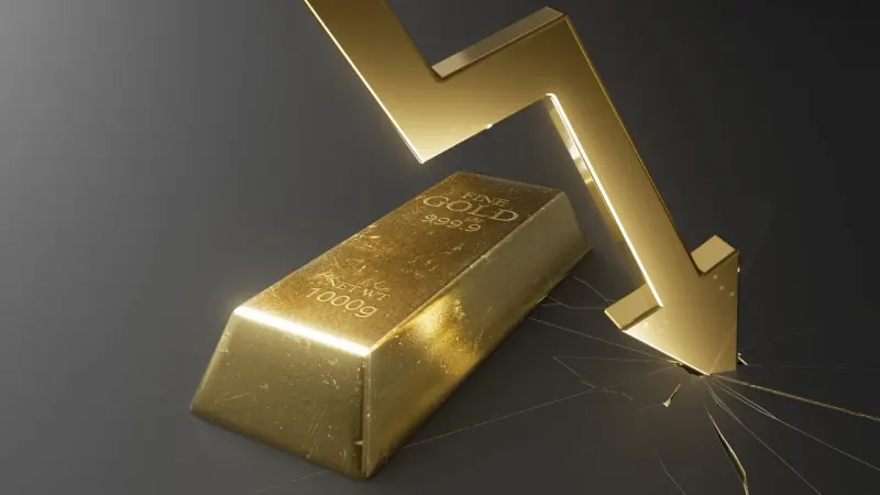 A cracked golden shield falls as a missile-shaped cloud gathers, symbolizing gold's drop despite Iran fears.