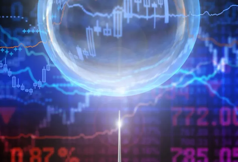 A rising green arrow strains a cracking bubble, symbolizing growth-stock strength and possible market excess.
