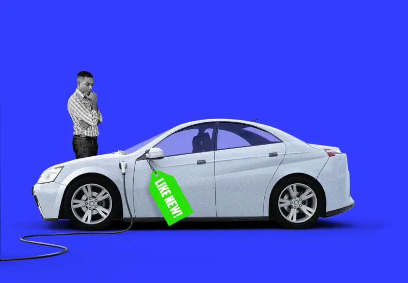 A car-shaped battery balances against a gasoline droplet, symbolizing the cost calculation behind buying a used EV.