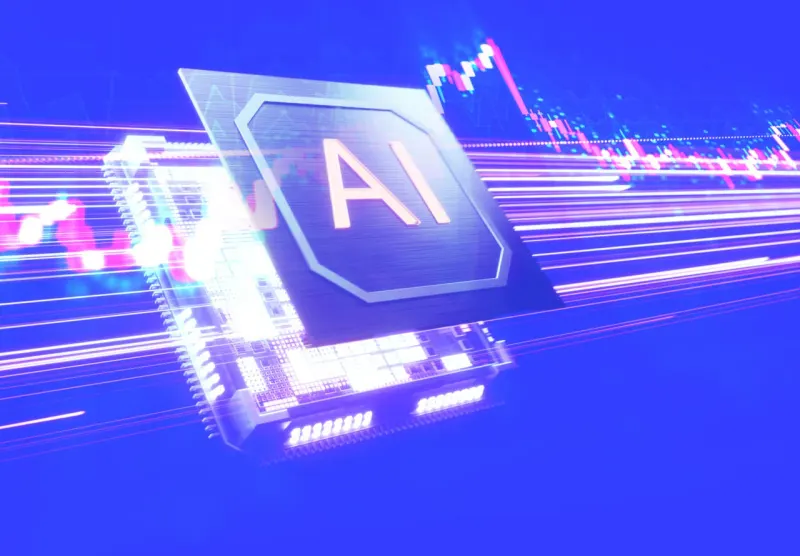 A circuit-shaped finish line moves away from pursuing coins, symbolizing shifting targets in the AI investment rally.