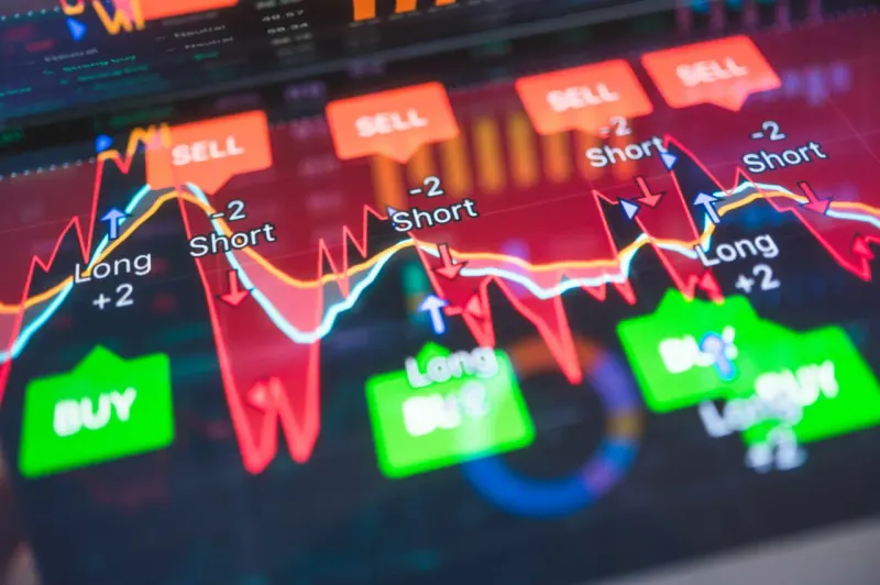 A human hand diverts coins from a rising mechanical arrow, symbolizing profit-taking within a trend strategy.