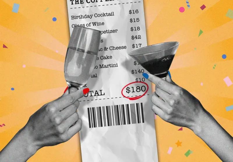Editorial illustration for: I offered to buy my friend a birthday drink. She ordered $180 worth of food and expects me to pay
